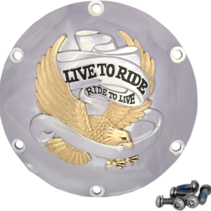 Derby Cover - Live to Ride - 6-Hole - Chrome w/Gold Eagle - '04-'22 Sportster