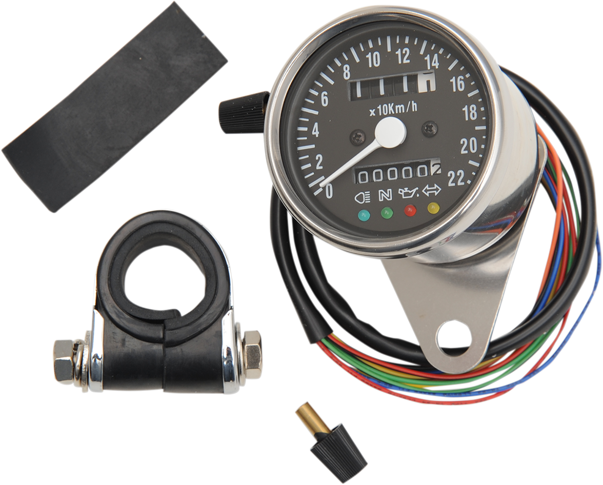 KPH Mini Mechanical Speedometer with LED Indicators - Black Face - 2:1 Ratio - 2.4"