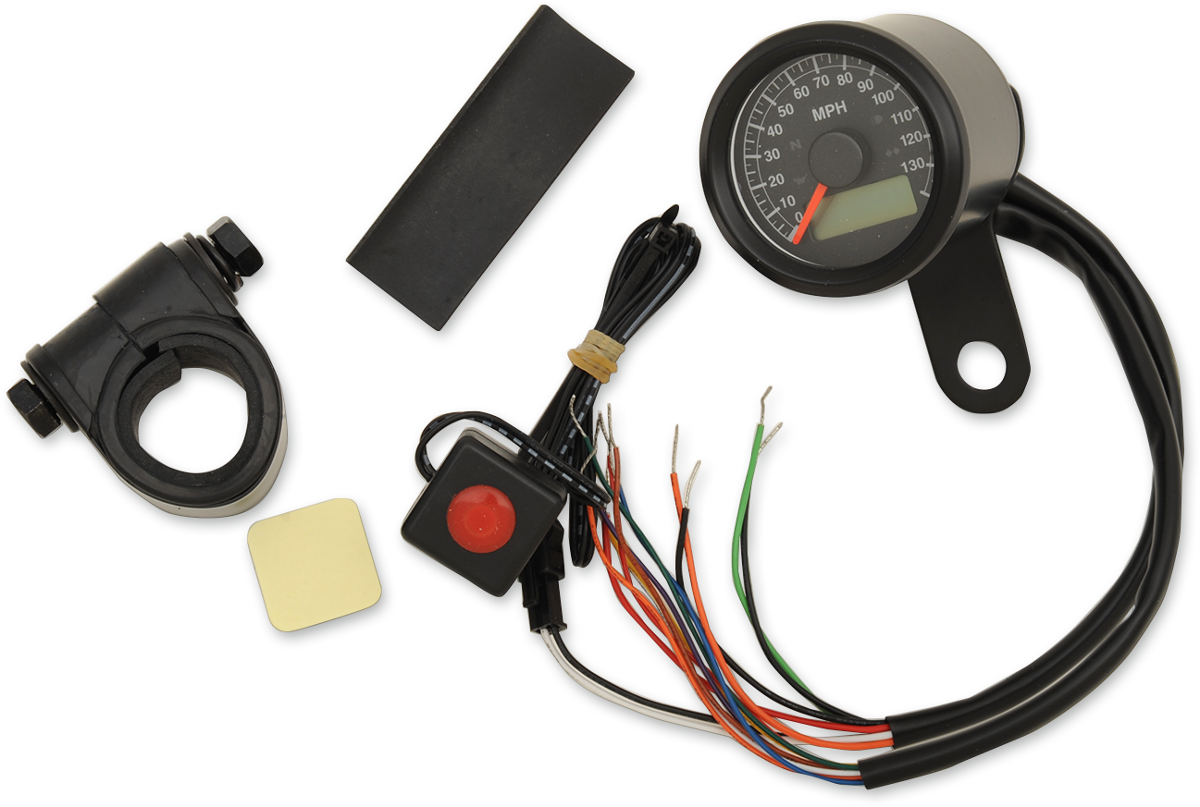Programmable Speedometer with Indicator Lights - Gloss Black - 140 MPH LED Black Face - 1-7/8"